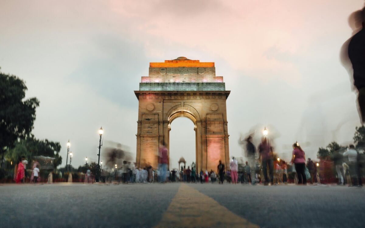 India Gate in the evening with lights turned on