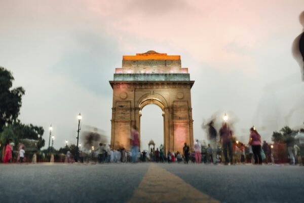 India Gate in the evening with lights turned on